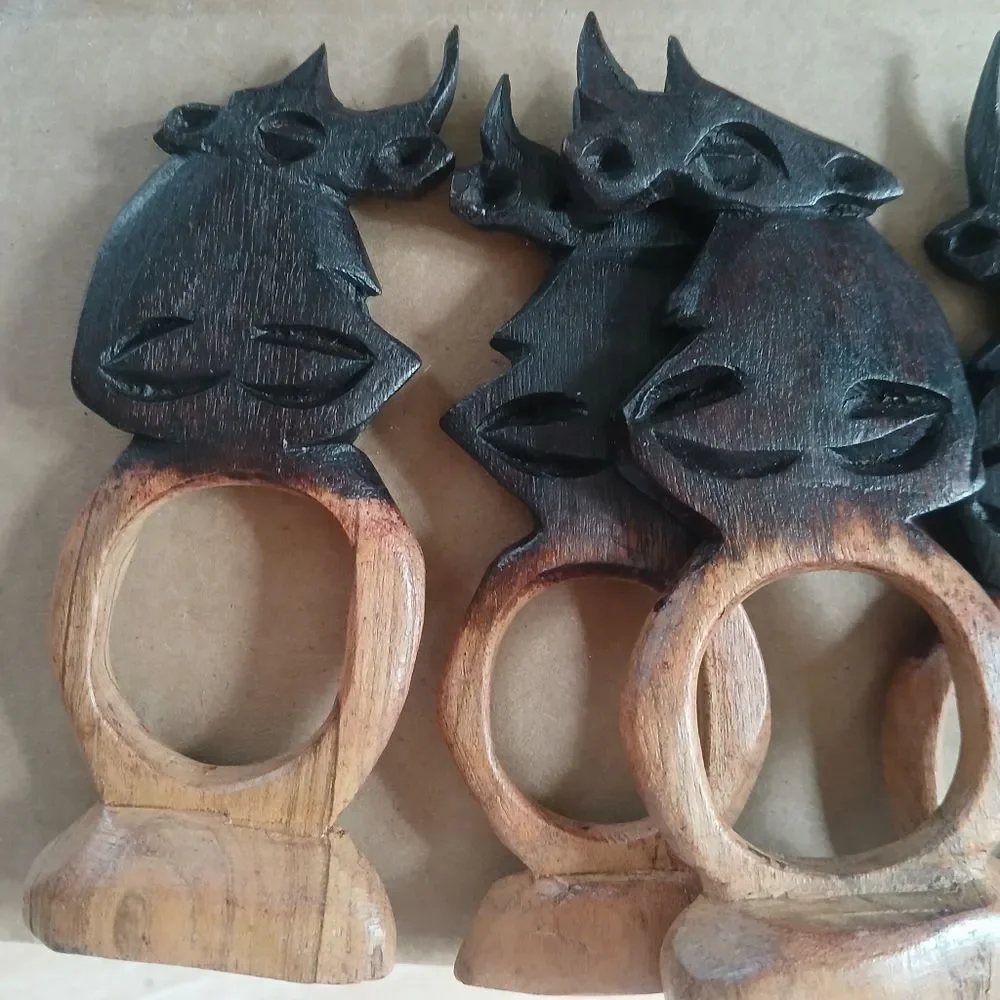 Vintage 80's Hand Carved Napkin Rings Wood Polished Artisan Ethnic Rhino Animals